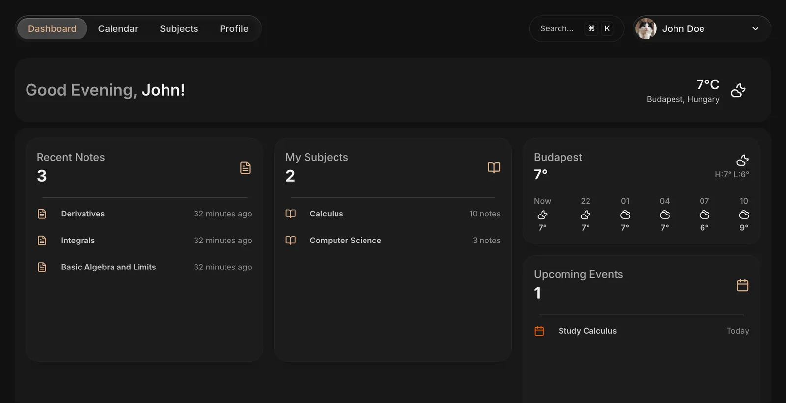 The GradMate dashboard with recent notes, subjects, weather and upcoming events.