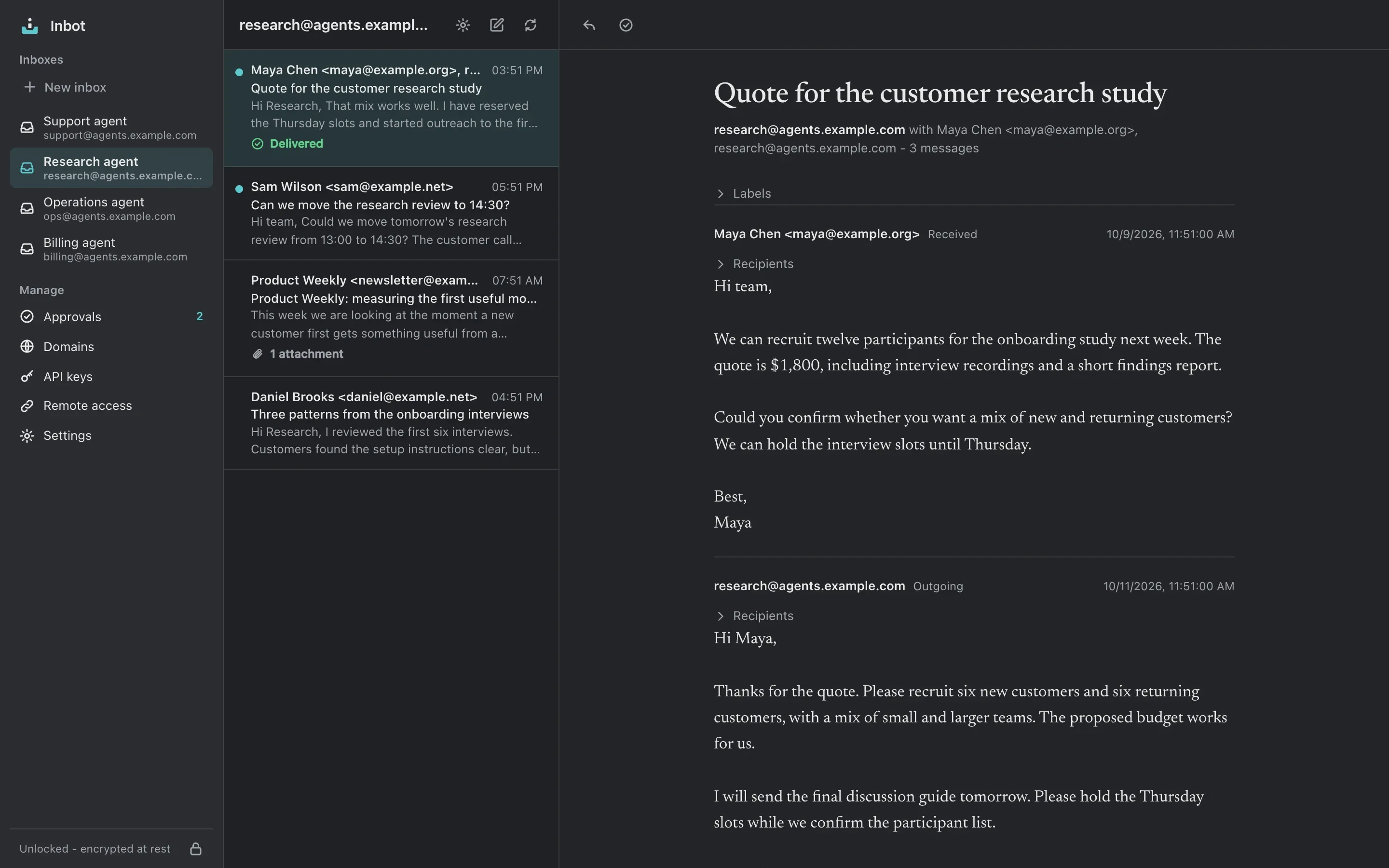 The Inbot mail view with an inbox per AI agent and a conversation one of them is handling.