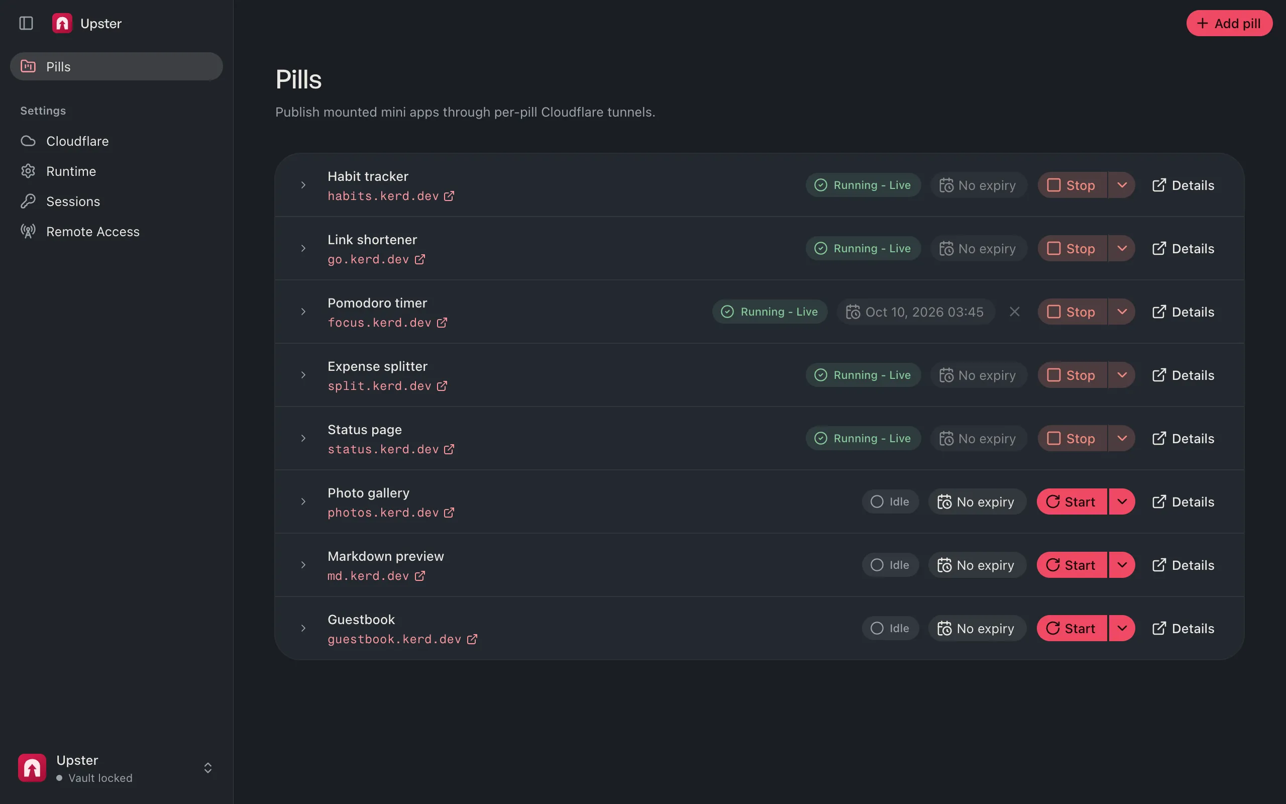 The Upster dashboard listing small apps, most of them running on their own subdomains.